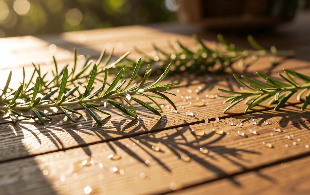 Sunlit wooden desk with botanical shadows